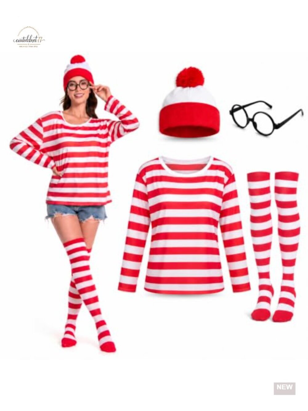 Striped Long Sleeve Shirt Beanie Socks & Glasses Halloween Costume Set